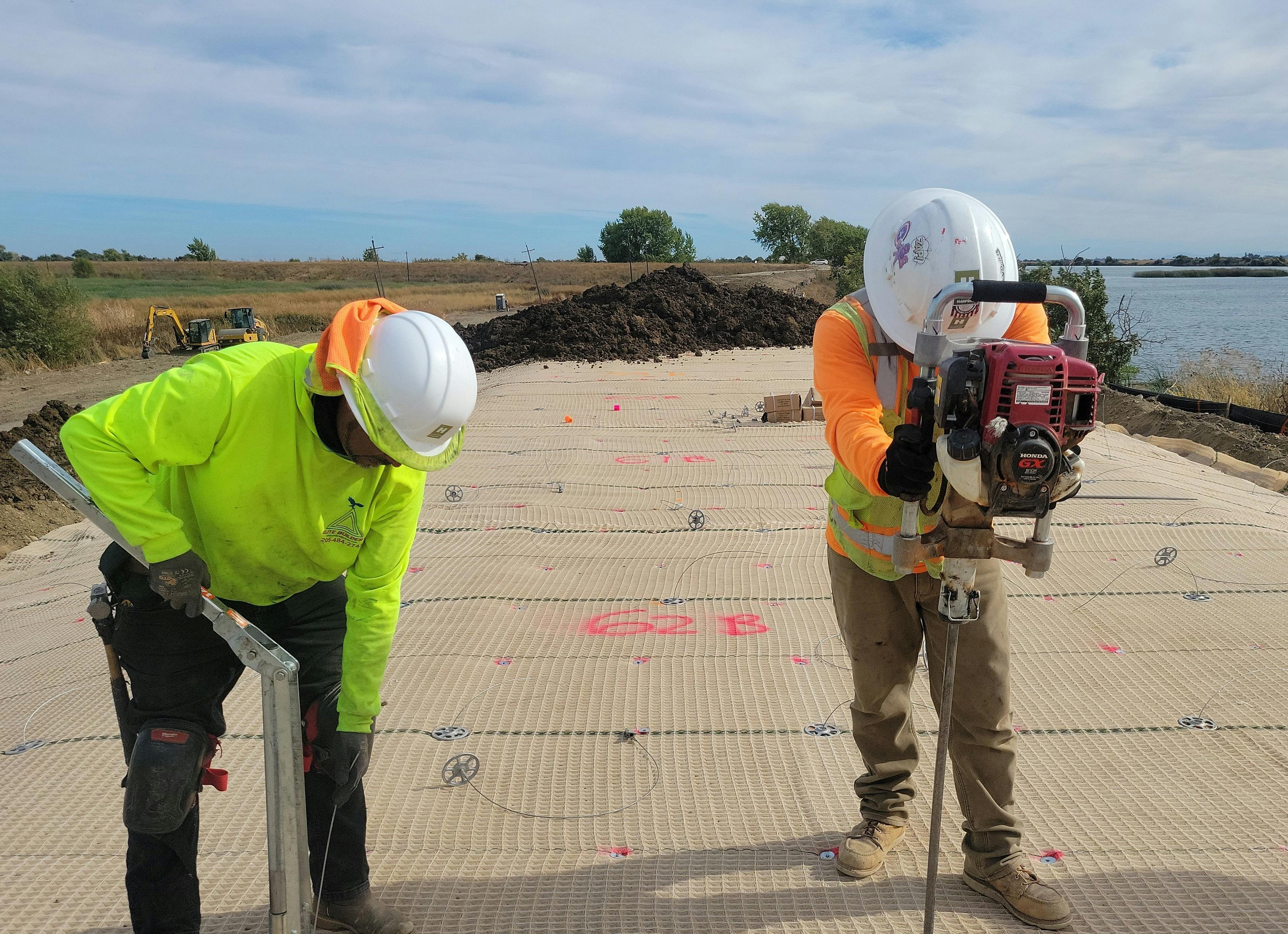 Installation of PROPEX Armormax in the Sacramento–San Joaquin Delta involved rebuilding setback levees and using High Performance Turf Reinforcement Mats and Engineered Earth Anchors