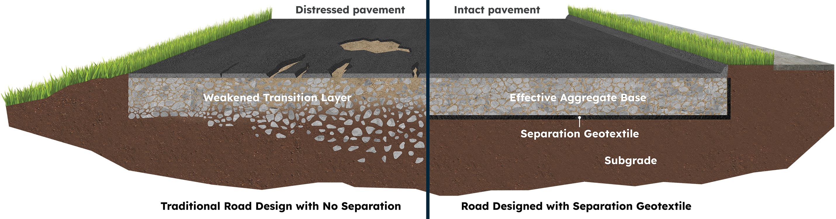 Figure 1: Separation effect of geotextile between soft subgrade and roadway aggregate